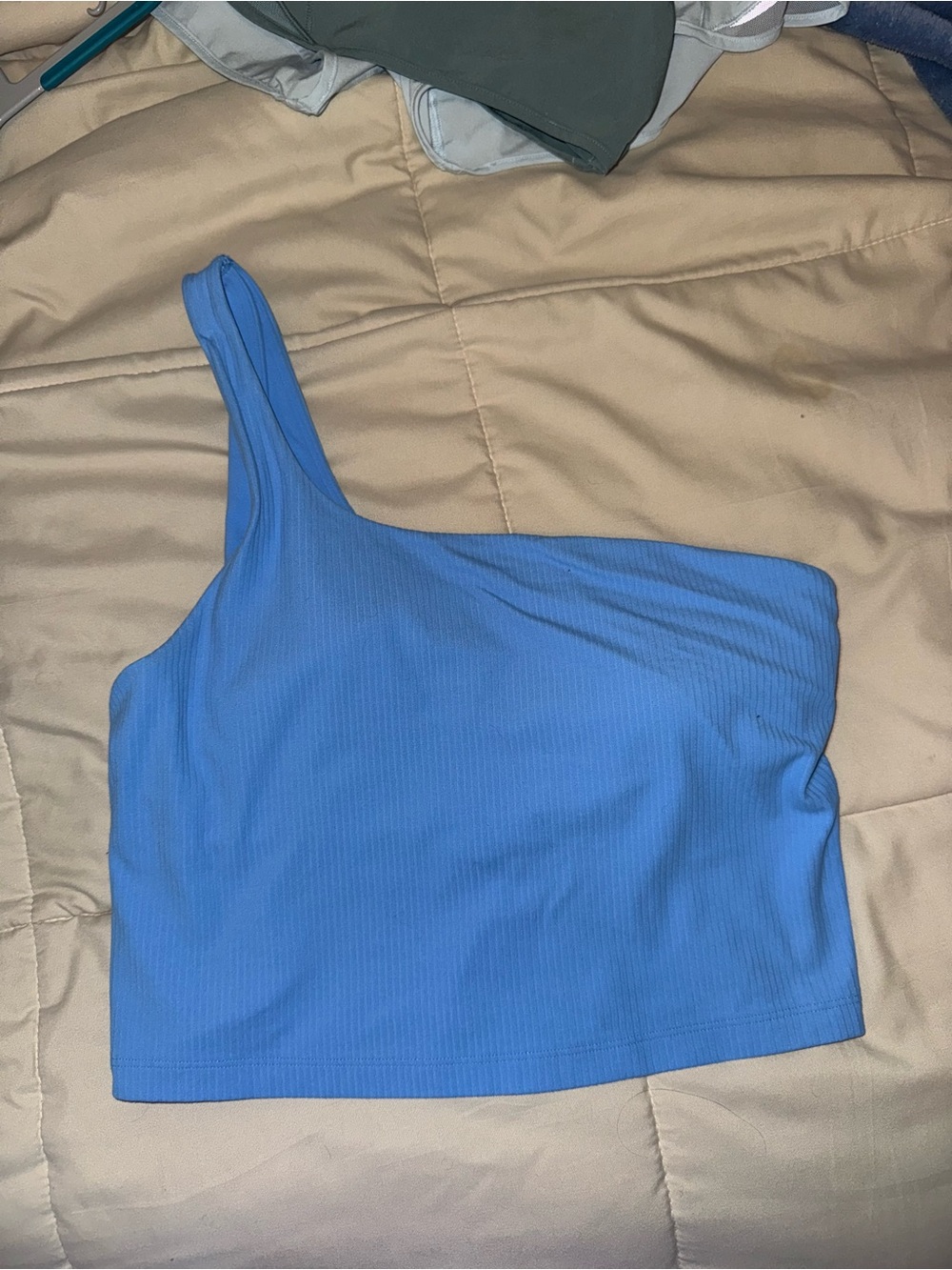 Set of Two One-Shoulder Ribbed Crop Tanks - Blue and Black